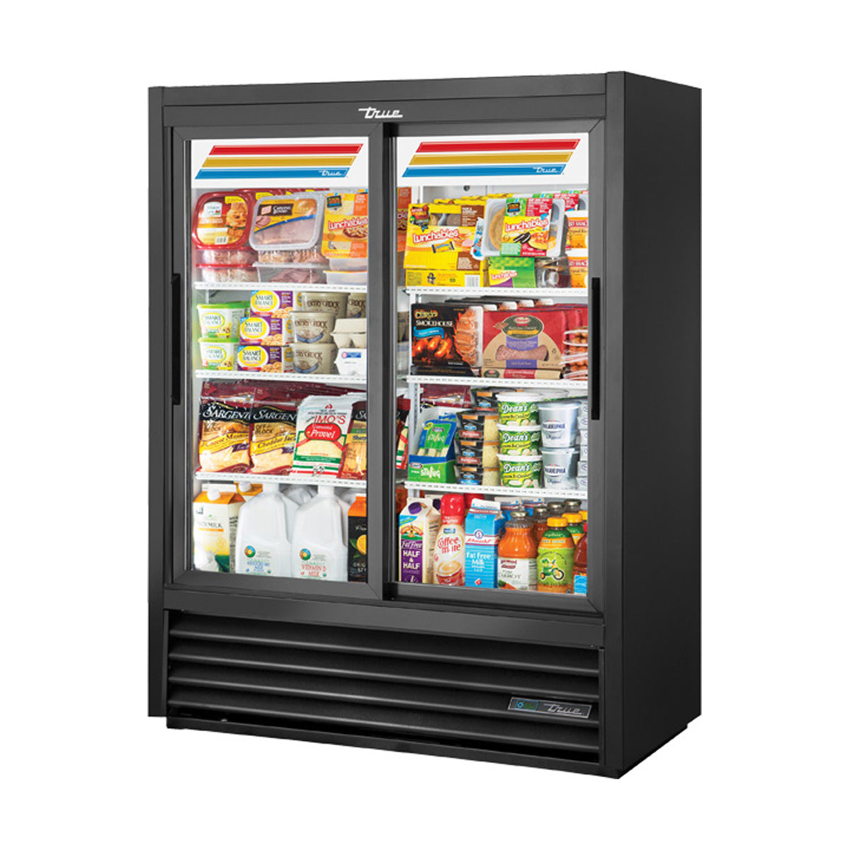 True GDM-41SL-60-HC-LD 2-door glass door merchandiser, front angle view, stocked with product