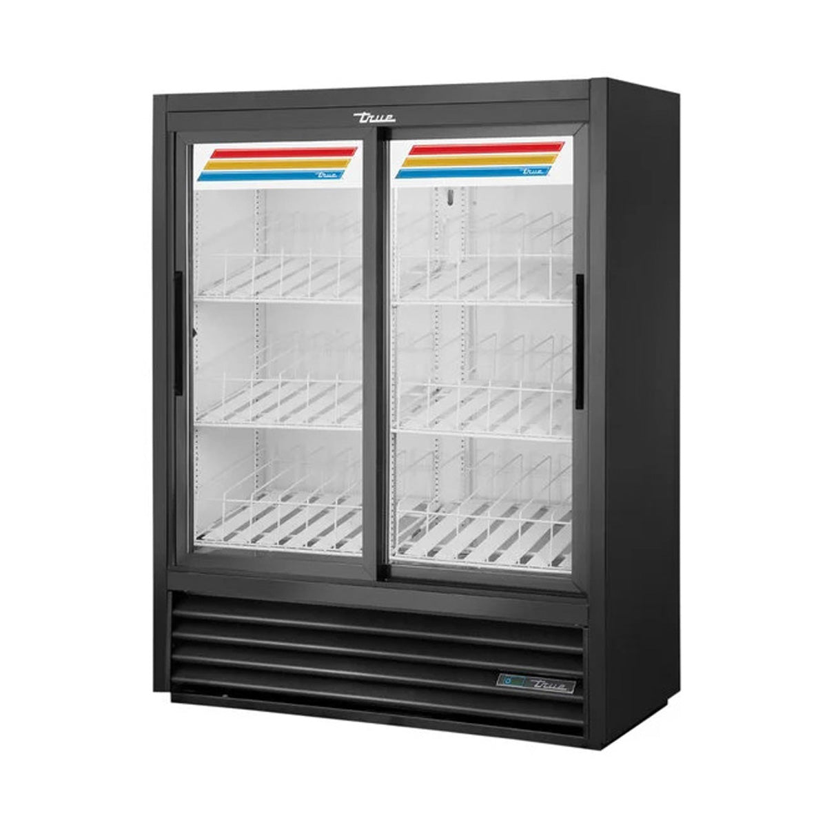 True GDM-41SL-60-HC-LD 2-door glass door merchandiser, front angle view, empty