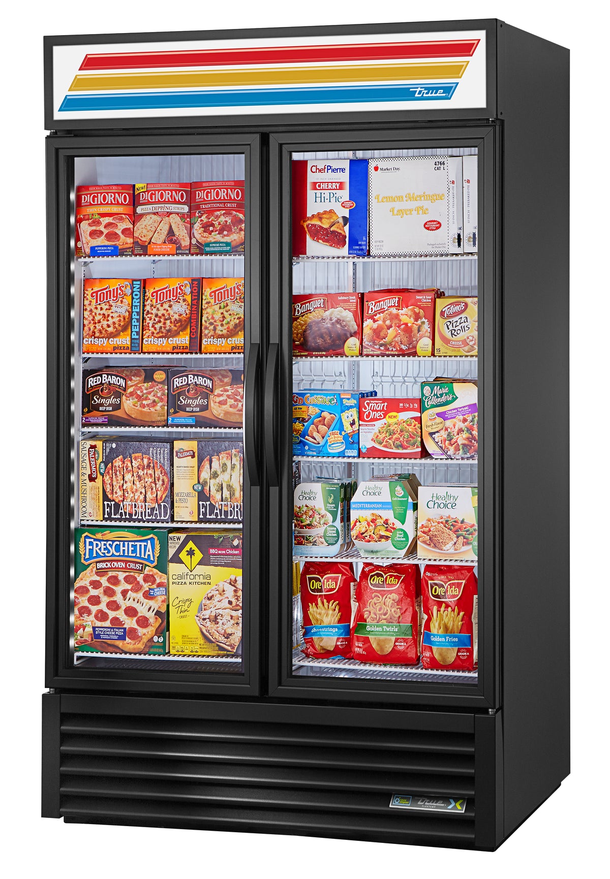 True GDM-43F-FLX-HC~TSL01 2-door convertible glass door merchandiser, front angle view, stocked with frozen food