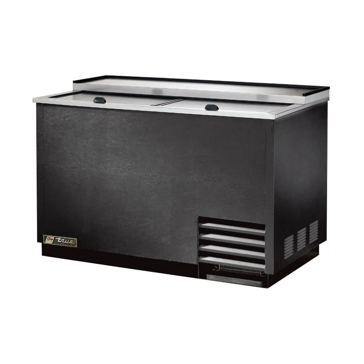 True T-50-GC-HC black glass froster with stainless steel top and two slide lids, front angle view