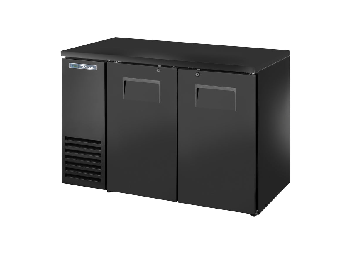 True TBB24-48-2S-Z1-BST-B-1 back bar cooler, black, front angle view