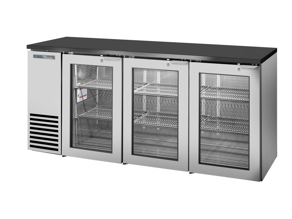 True TBB24-72-3G-Z1-BST-S-1 back bar cooler, stainless steel, glass doors, front angle view