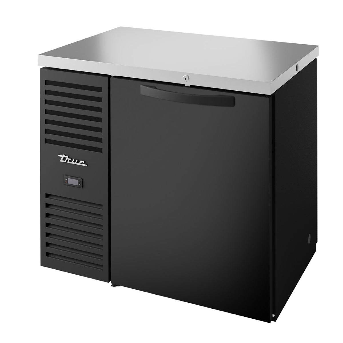 True TBR36-PTSZ1-L-B-S-S-1 back bar refrigerator, black, front angle view