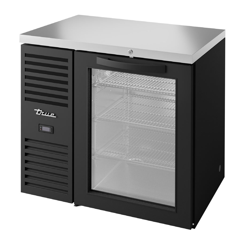 True TBR36-RISZ1-L-B-G-1 back bar refrigerator, black, glass doors, front angle view