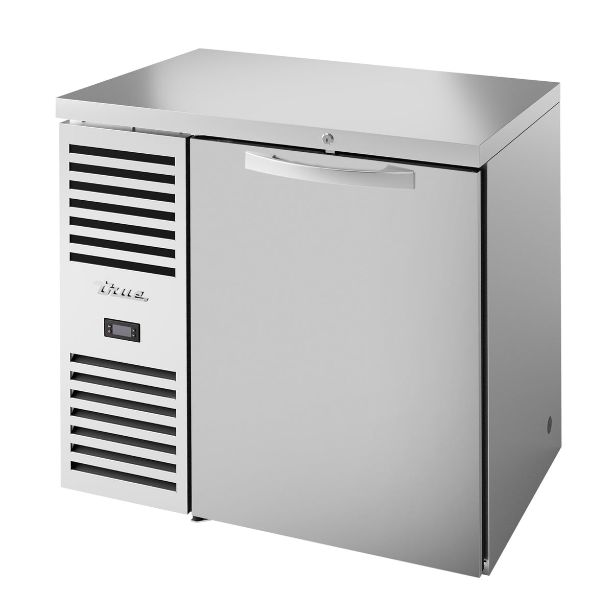True TBR36-RISZ1-L-S-S-1 back bar refrigerator, stainless steel, front angle view