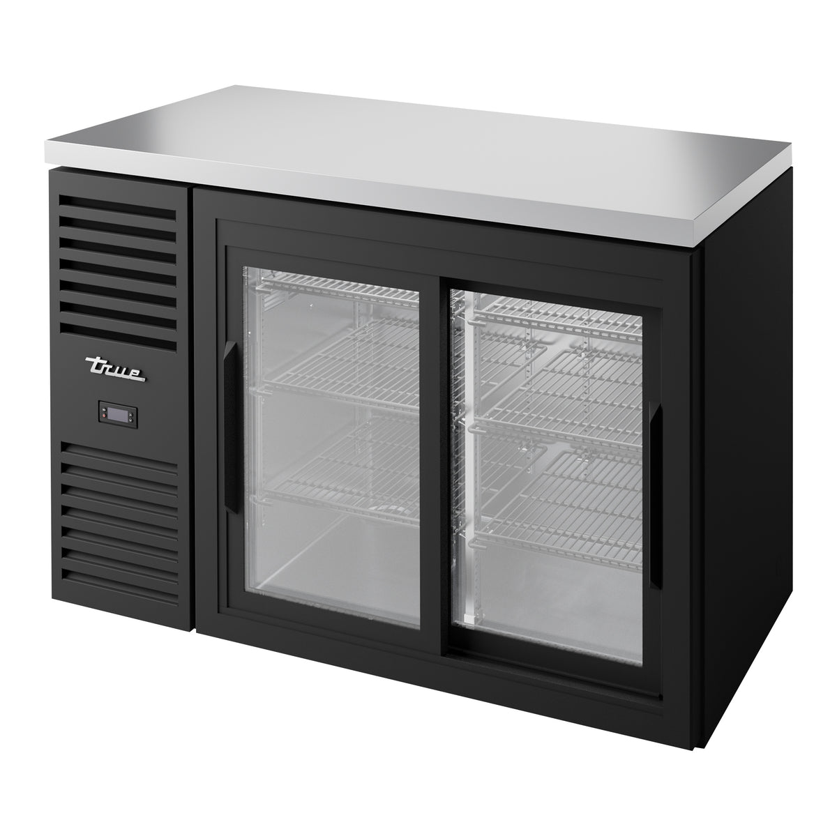 True TBR48-RISZ1-L-B-11-1 back bar refrigerator, black, glass doors, front angle view