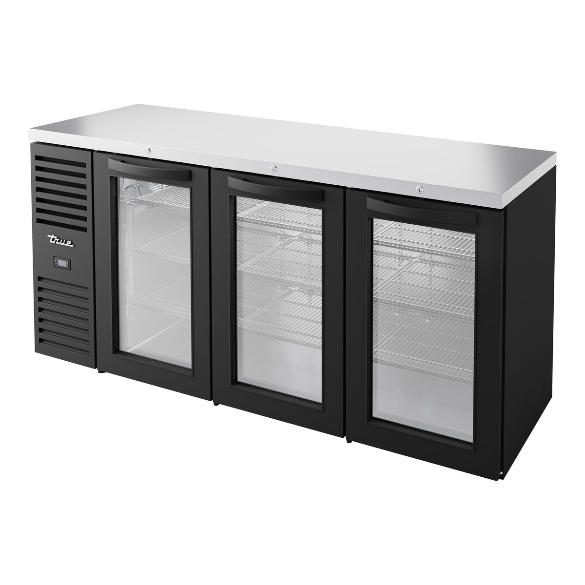 True TBR72-RISZ1-L-B-GGG-1 back bar refrigerator, black, glass doors, front angle view
