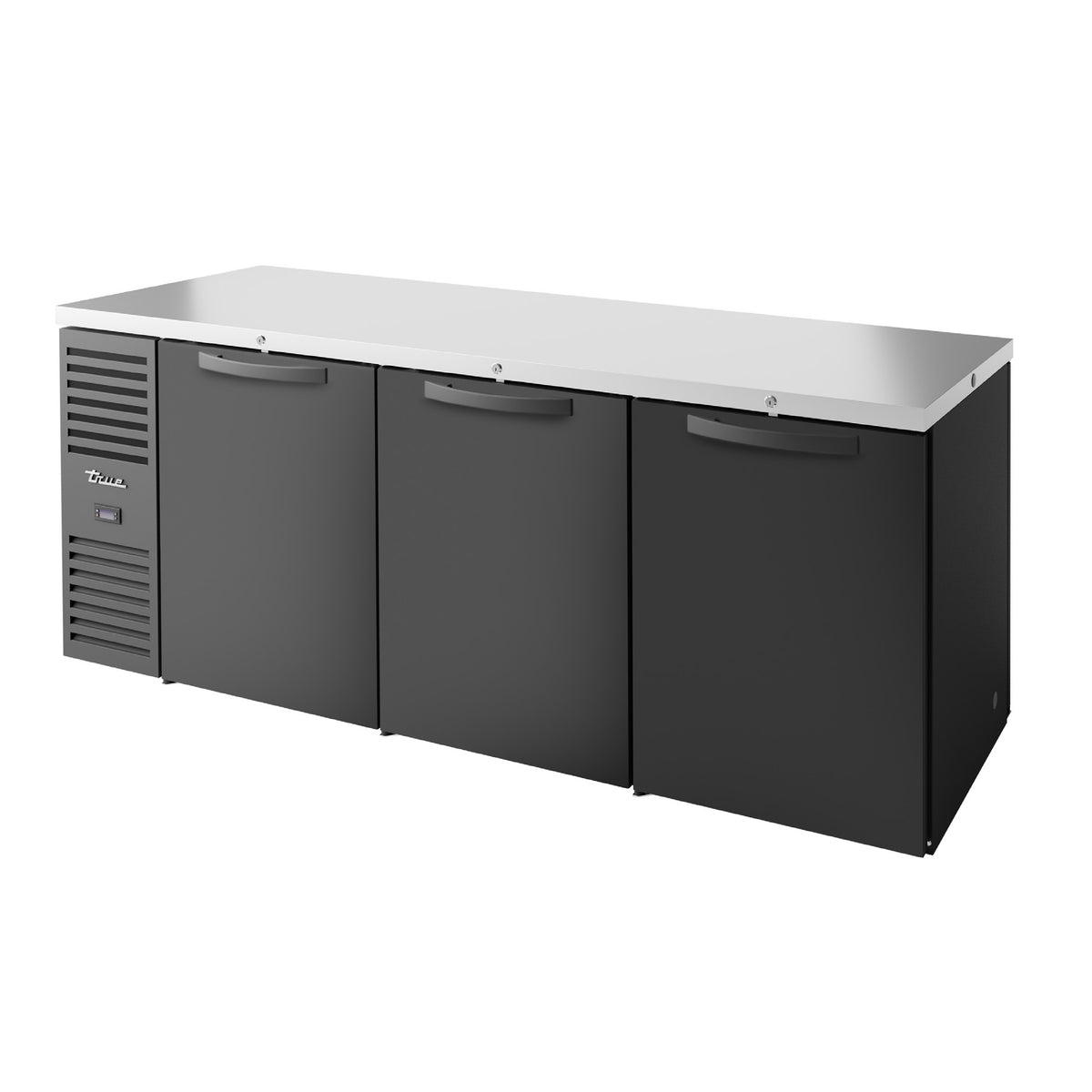 True TBR84-PTSZ1-L-B-GGG-GGG-1 back bar refrigerator, black, shown with solid doors