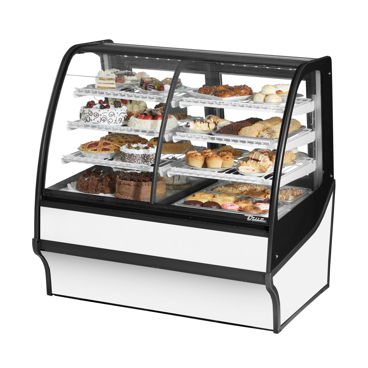 True TDM-DZ-48-GE/GE-S-W 48" curved glass dual zone display case with white exterior, front angle view stocked with baked goods