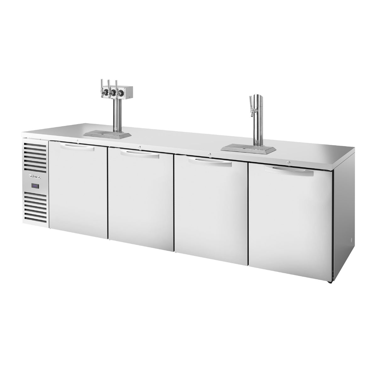 True TDR108-RISZ1-L-S-SSSS-1 direct draw beer dispenser, stainless steel, shown with a triple-faucet tower and a single-faucet tower