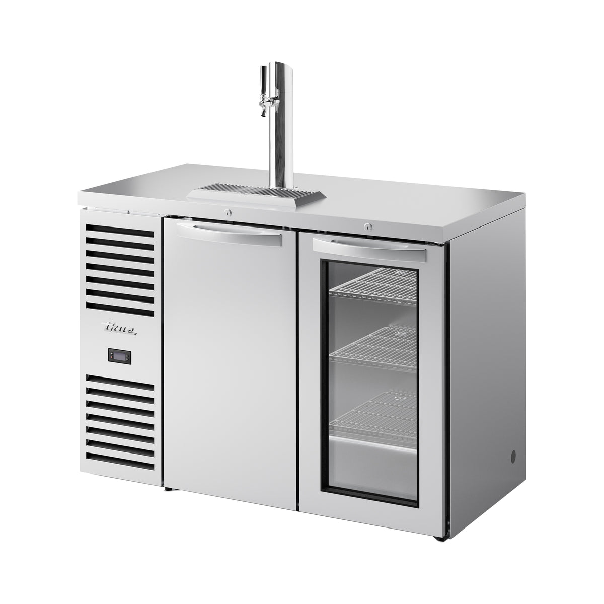 True TDR48-RISZ1-L-S-SG-1 direct draw beer dispenser, stainless steel, one solid and one glass door, front angle view