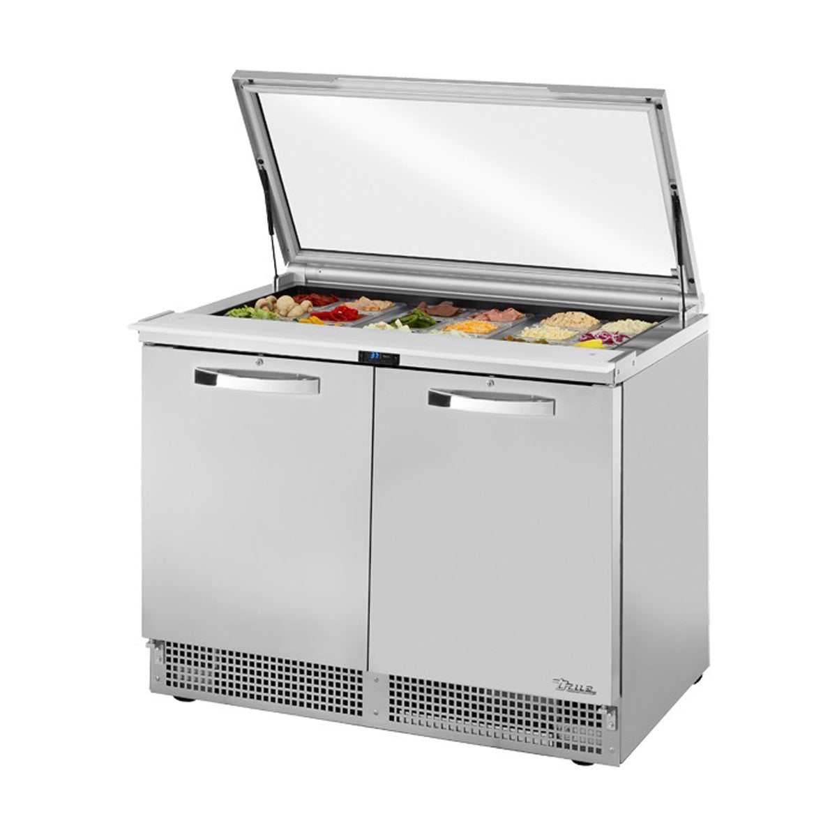 True TFP-48-18M-FGLID-HC~SPEC3 food prep table, front angle view, flat glass lid open with ingredients in the pans