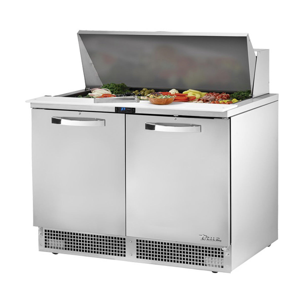 True TFP-48-18M-HC~SPEC3 food prep table, front angle view, lid open with ingredients in the pans