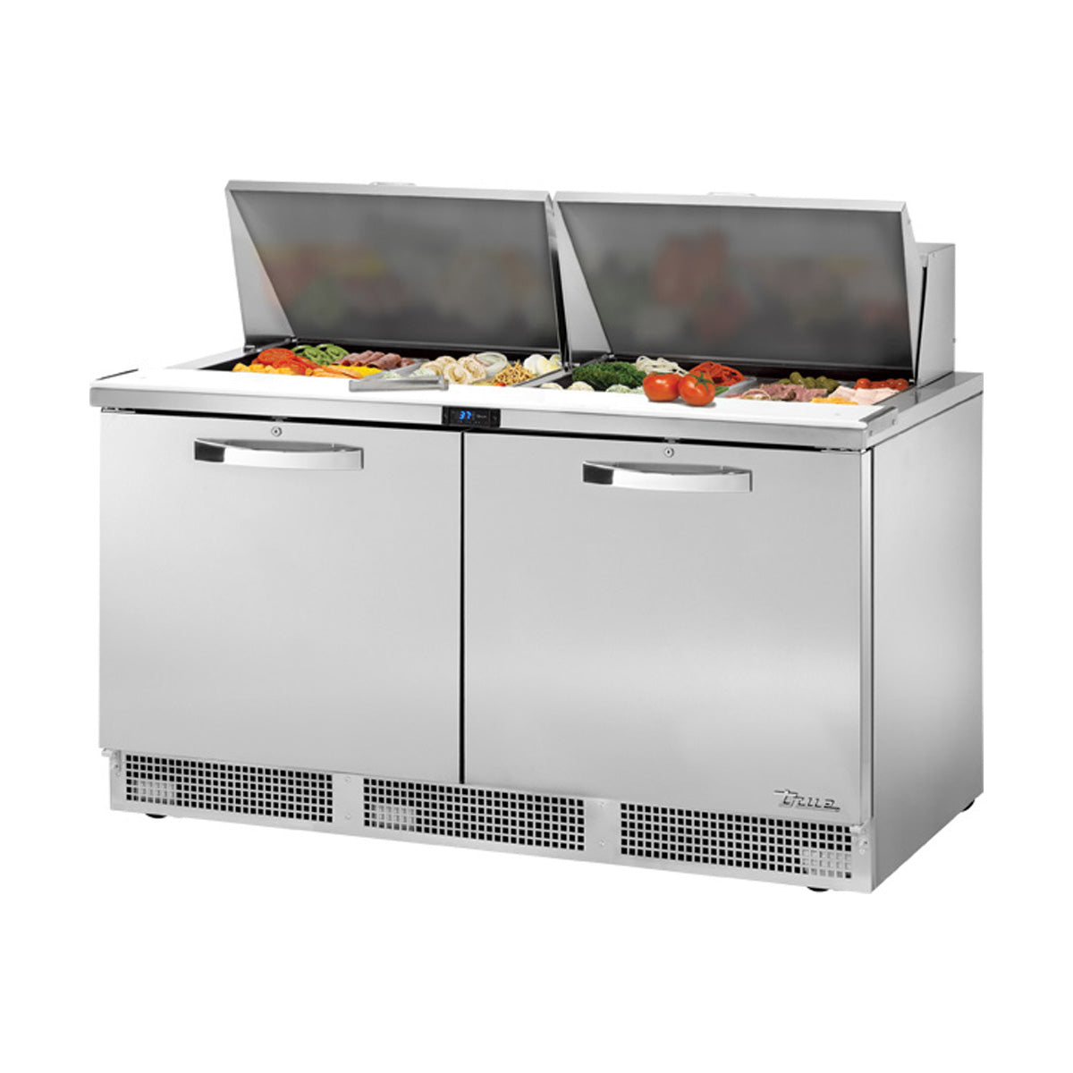 True TFP-64-24M-HC~SPEC3 food prep table, front angle view, lid open with ingredients in the pans