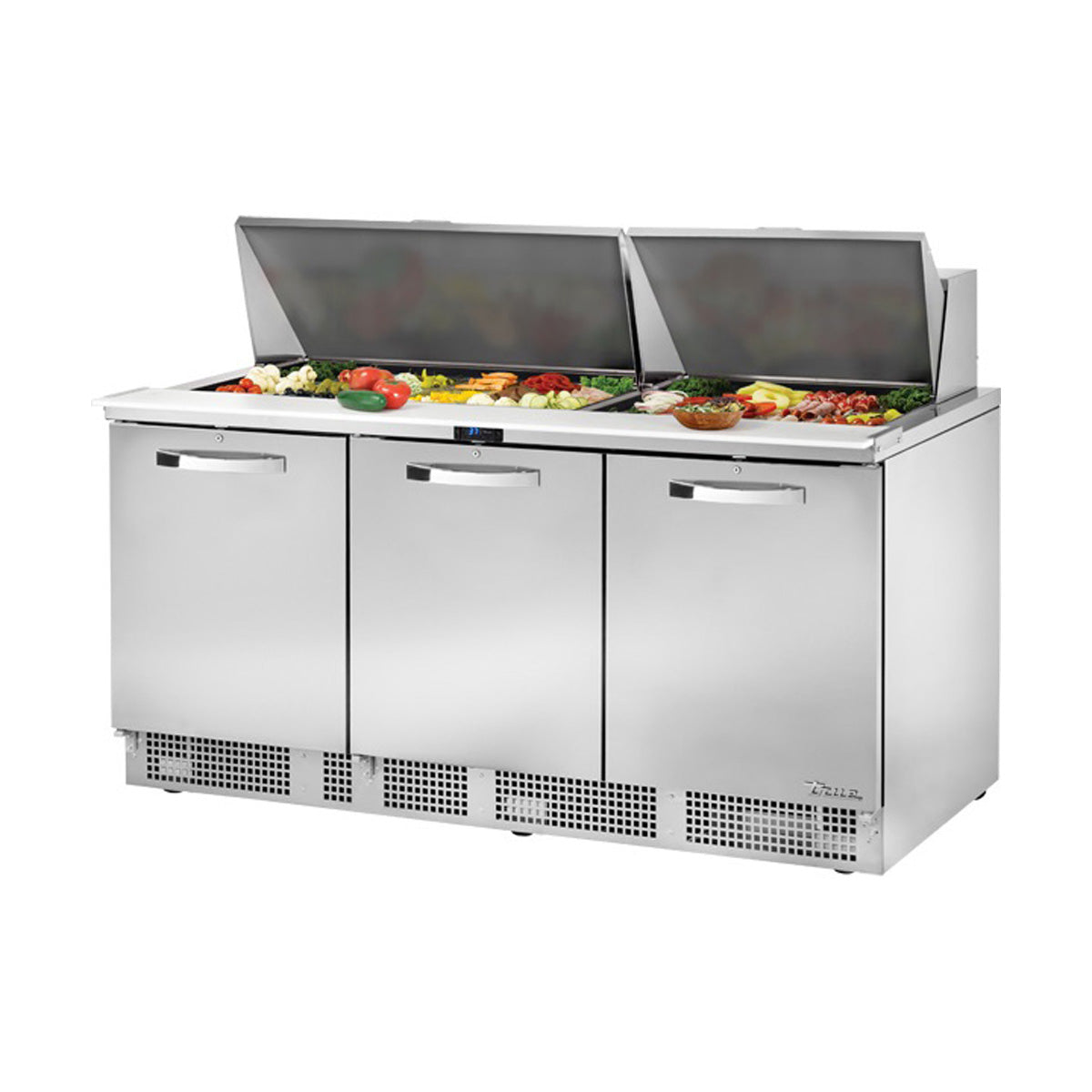 True TFP-72-30M-HC~SPEC3 food prep table, front angle view, lid open with ingredients in the pans