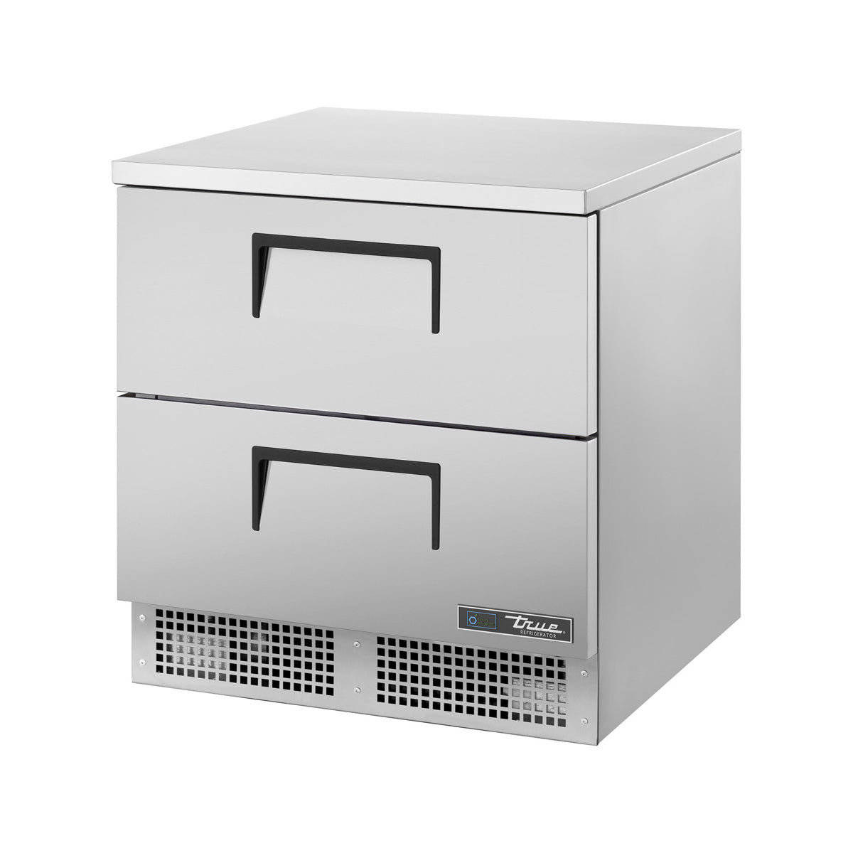 True TFT-32D-2-HC 2-drawer flat top refrigerator, stainless steel, front angle view