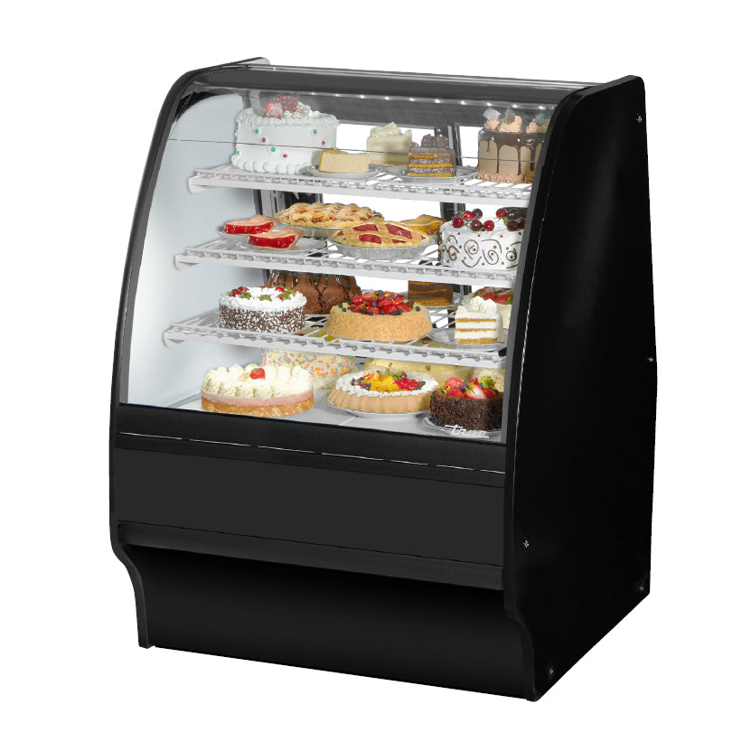 True TGM-R-36-SC/SC-W-W 36" curved glass refrigerated display case with black exterior, front angle view stocked with baked goods