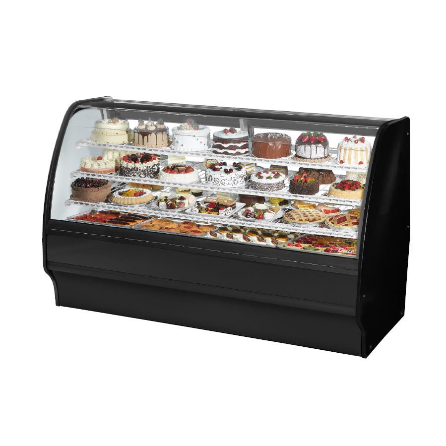 True TGM-R-77-SC/SC-S-W 77" curved glass refrigerated display case with black exterior, front angle view stocked with baked goods