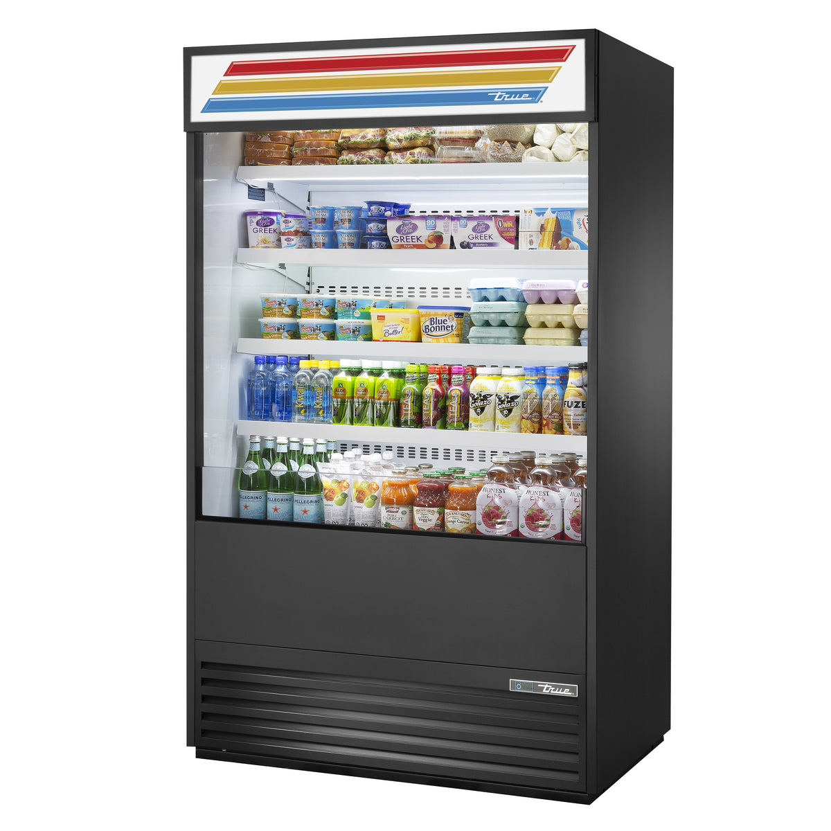 True TOAM-48-HC~TSL01 open air merchandiser, front angle view, stocked with product