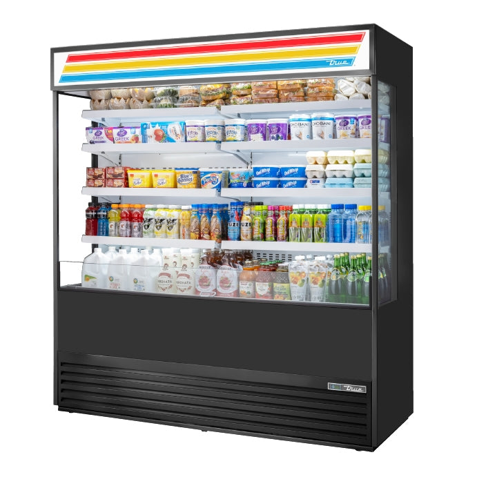True TOAM-72GS-HC~TSL01 open air merchandiser, front angle view, stocked with product