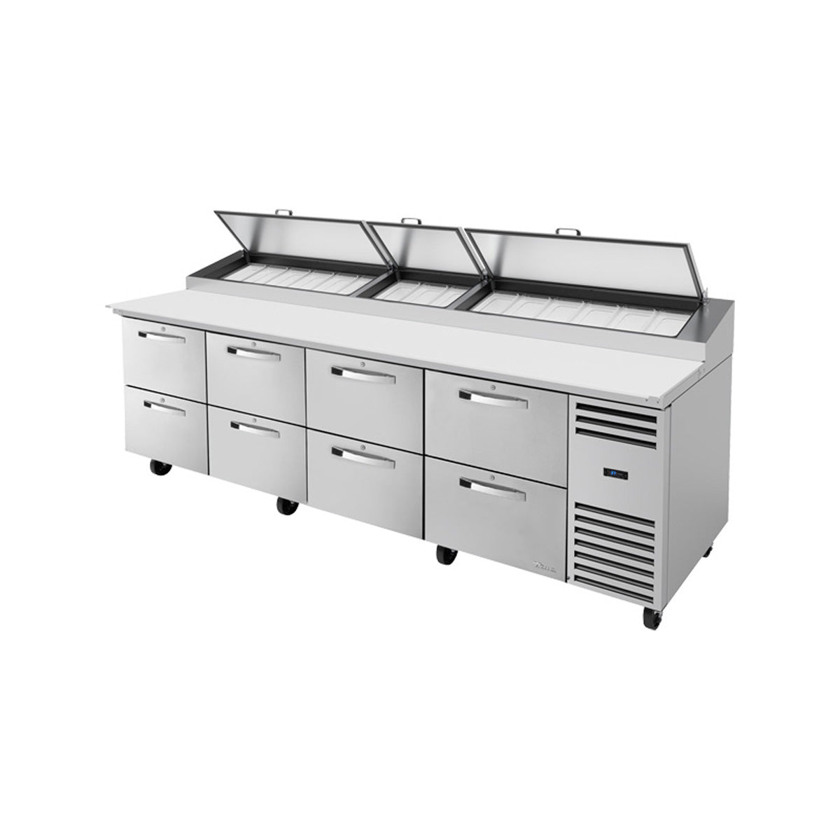 True TPP-AT-119D-8-HC~SPEC3 pizza prep table, front angle view, lids open over the pan rail