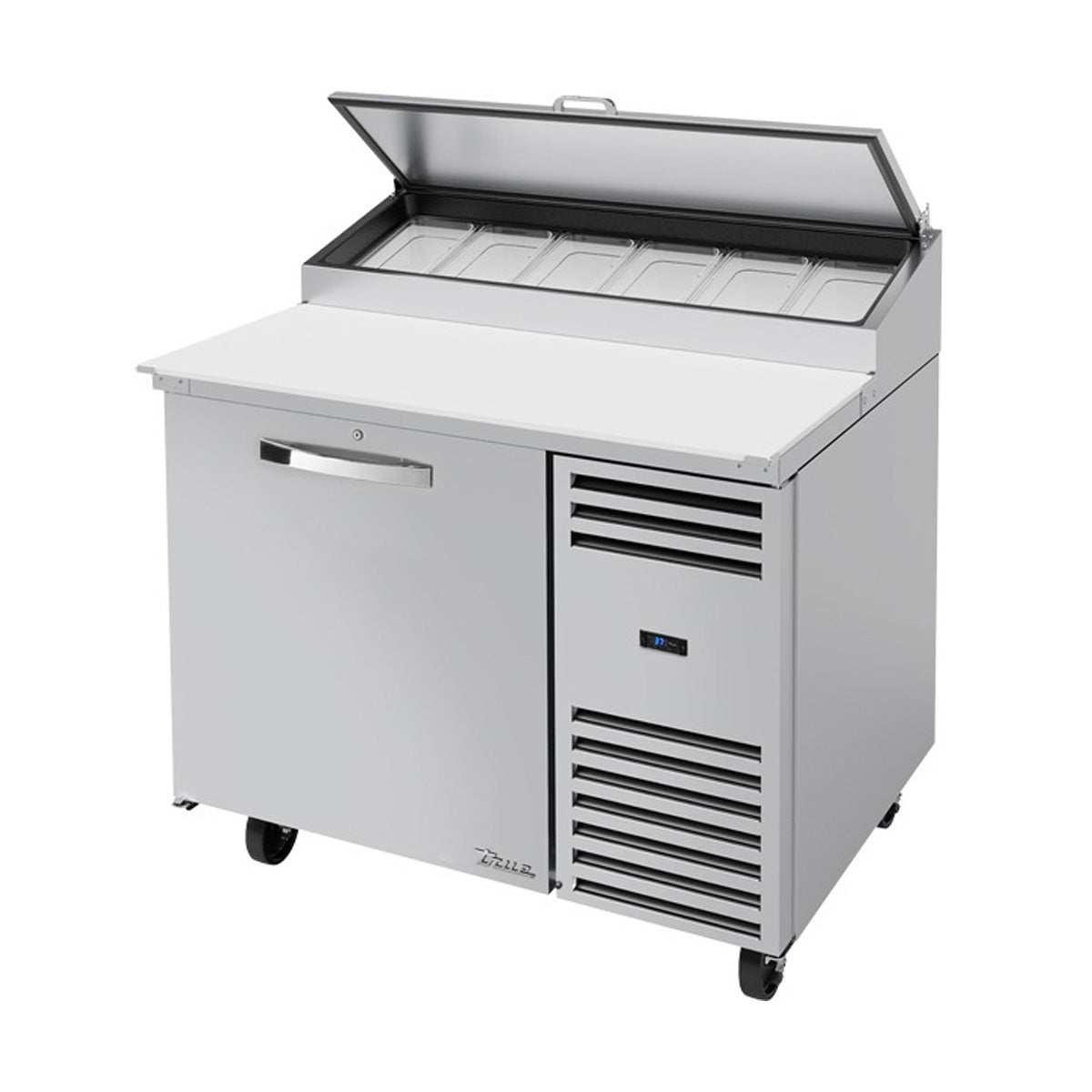 True TPP-AT-44-HC~SPEC3 pizza prep table, front angle view, lids open over the pan rail