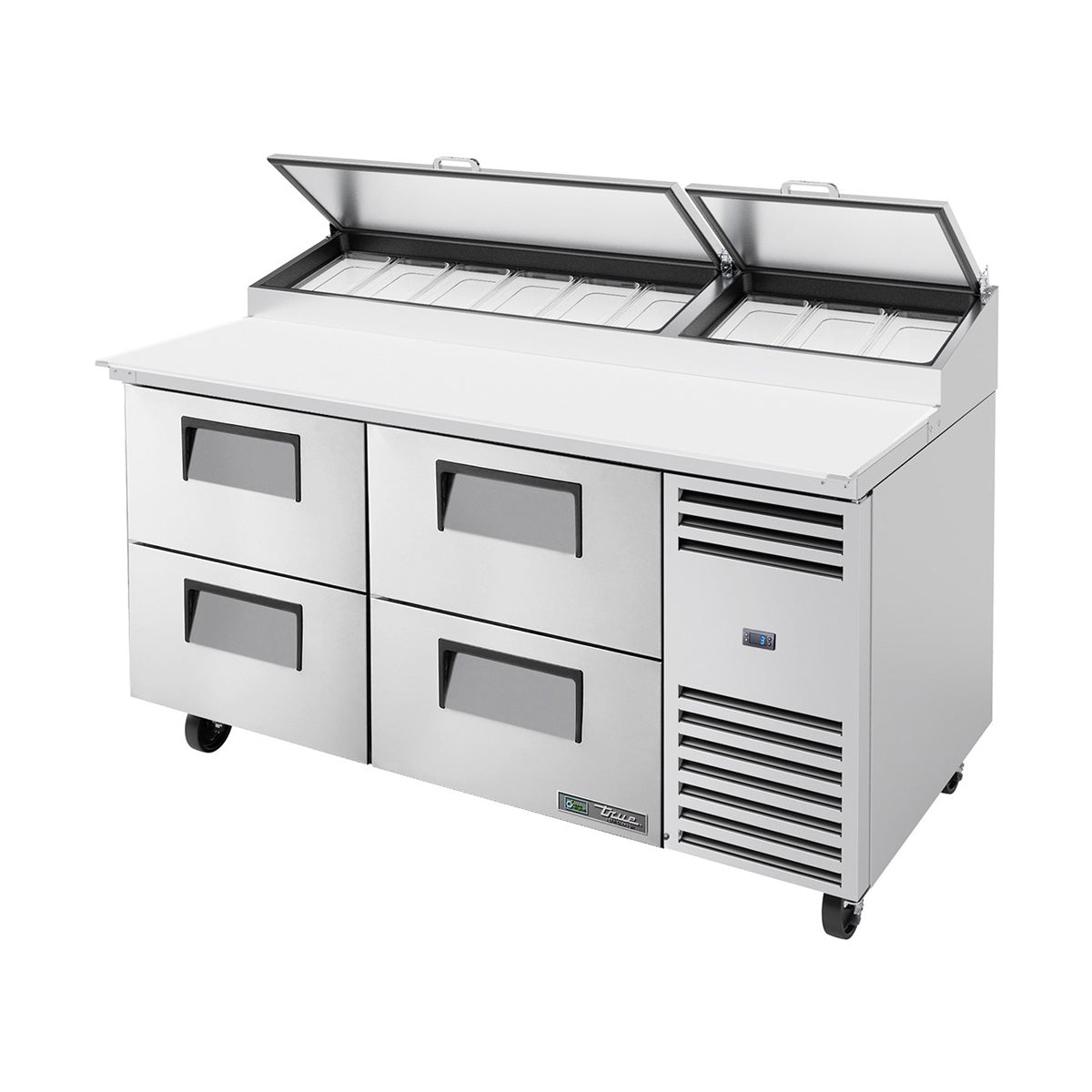 True TPP-AT-67D-4-HC~SPEC3 pizza prep table, front angle view, lids open over the pan rail