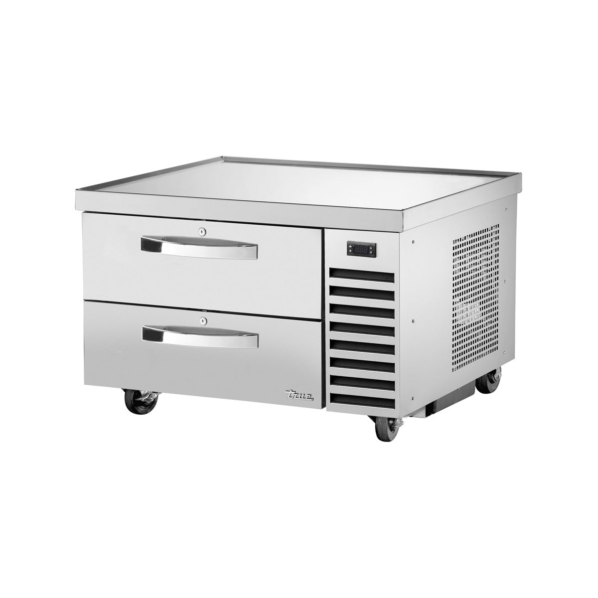 True TRCB-36-HC~SPEC3 2-drawer chef base, front angle view, drawers closed