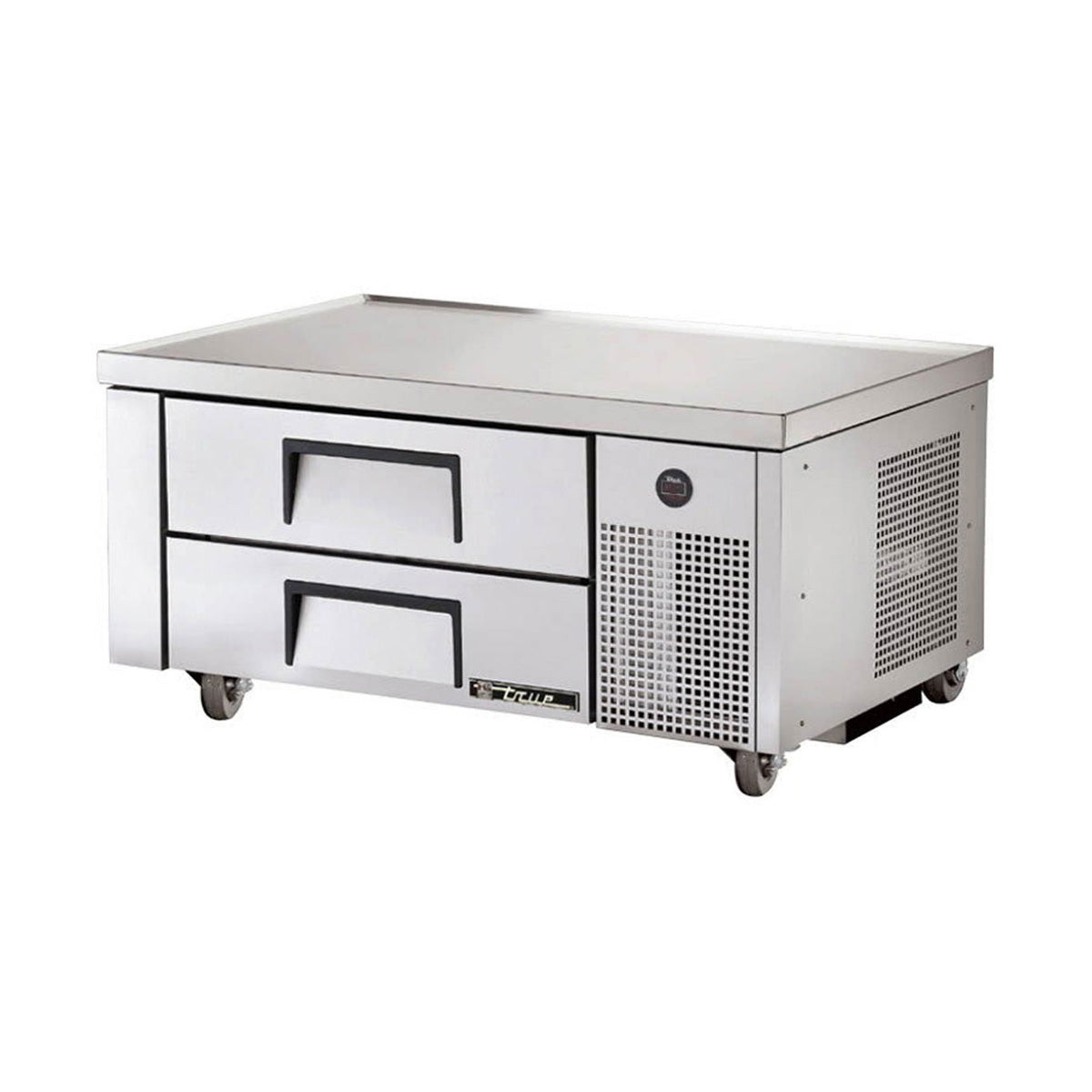True TRCB-48-HC 2-drawer chef base, front angle view, drawers closed