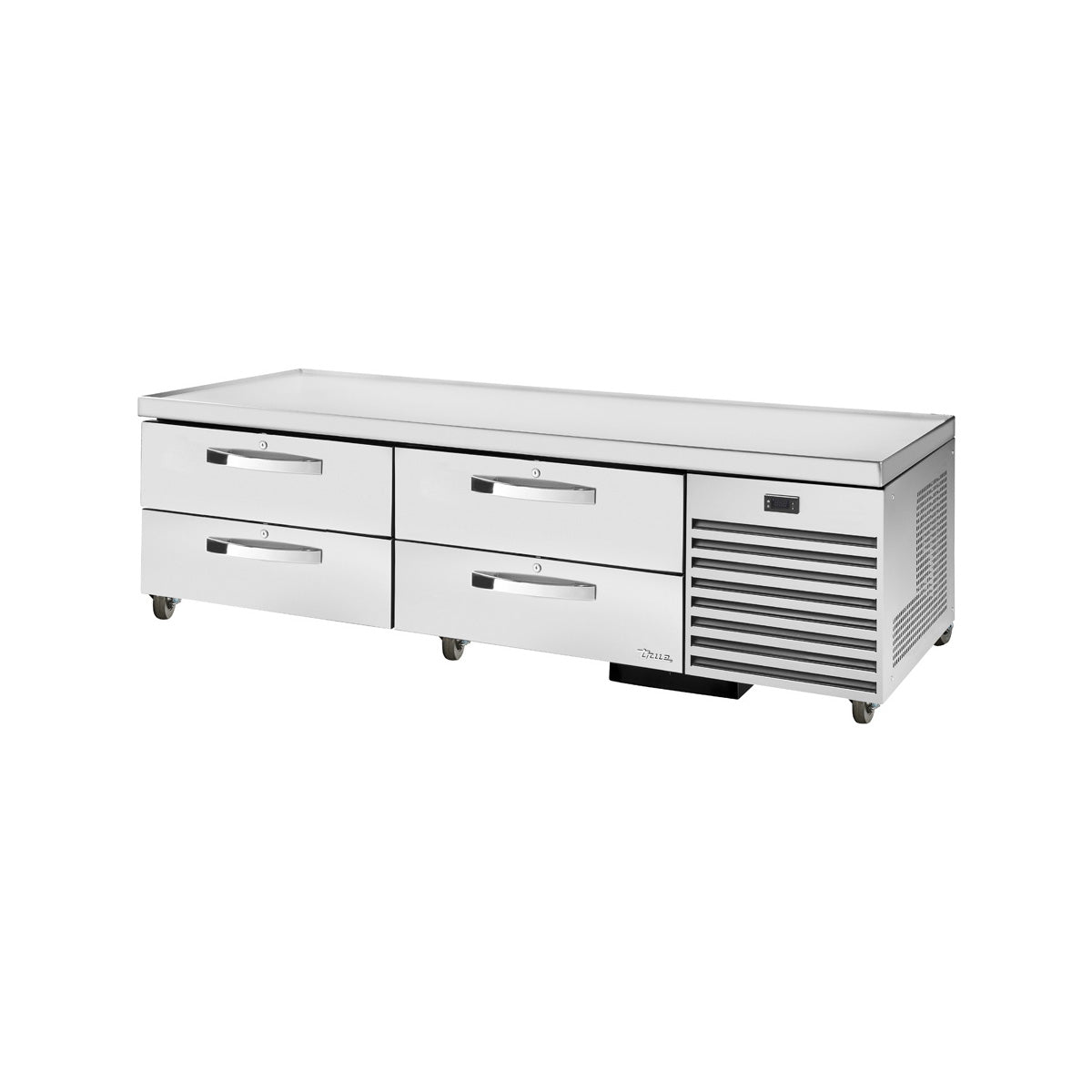 True TRCB-79-HC~SPEC3 4-drawer chef base, front angle view, drawers closed