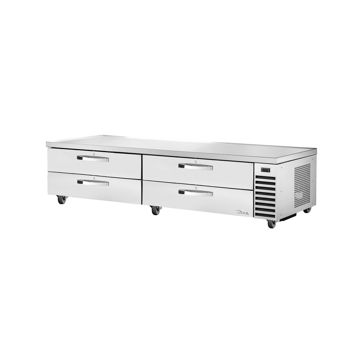 True TRCB-96-HC~SPEC3 4-drawer chef base, front angle view, drawers closed