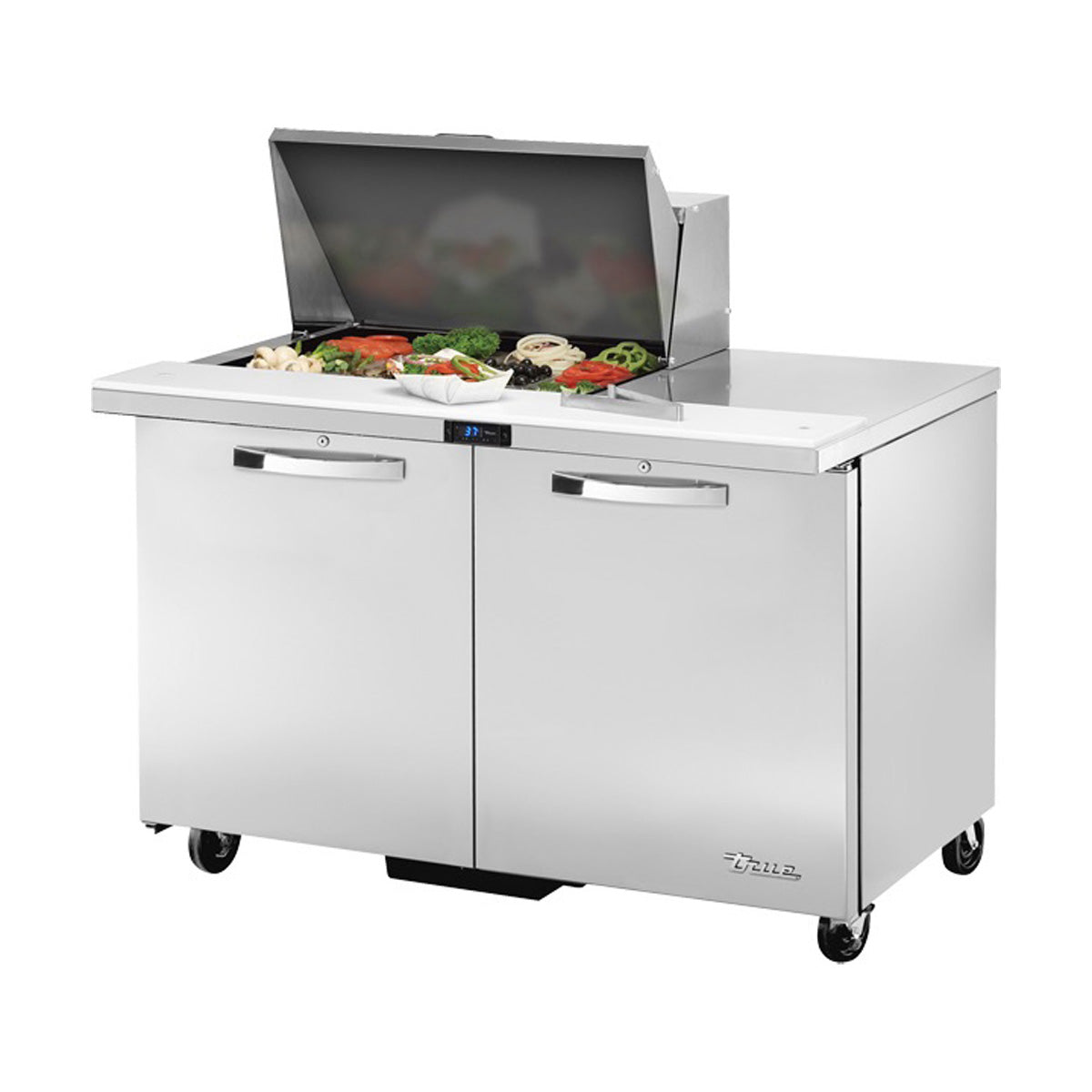 True TSSU-48-12M-B-HC~SPEC3 sandwich/salad prep table, front angle view, lid open with ingredients in the pans