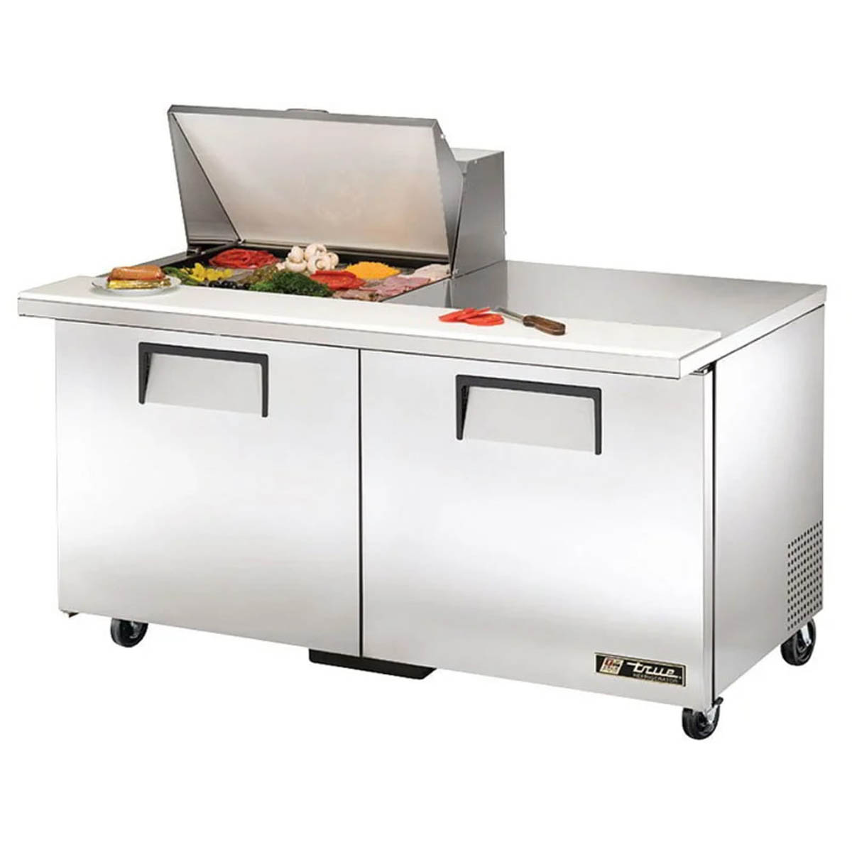 True TSSU-60-12M-B-HC sandwich/salad prep table, front angle view, lid open with ingredients in the pans