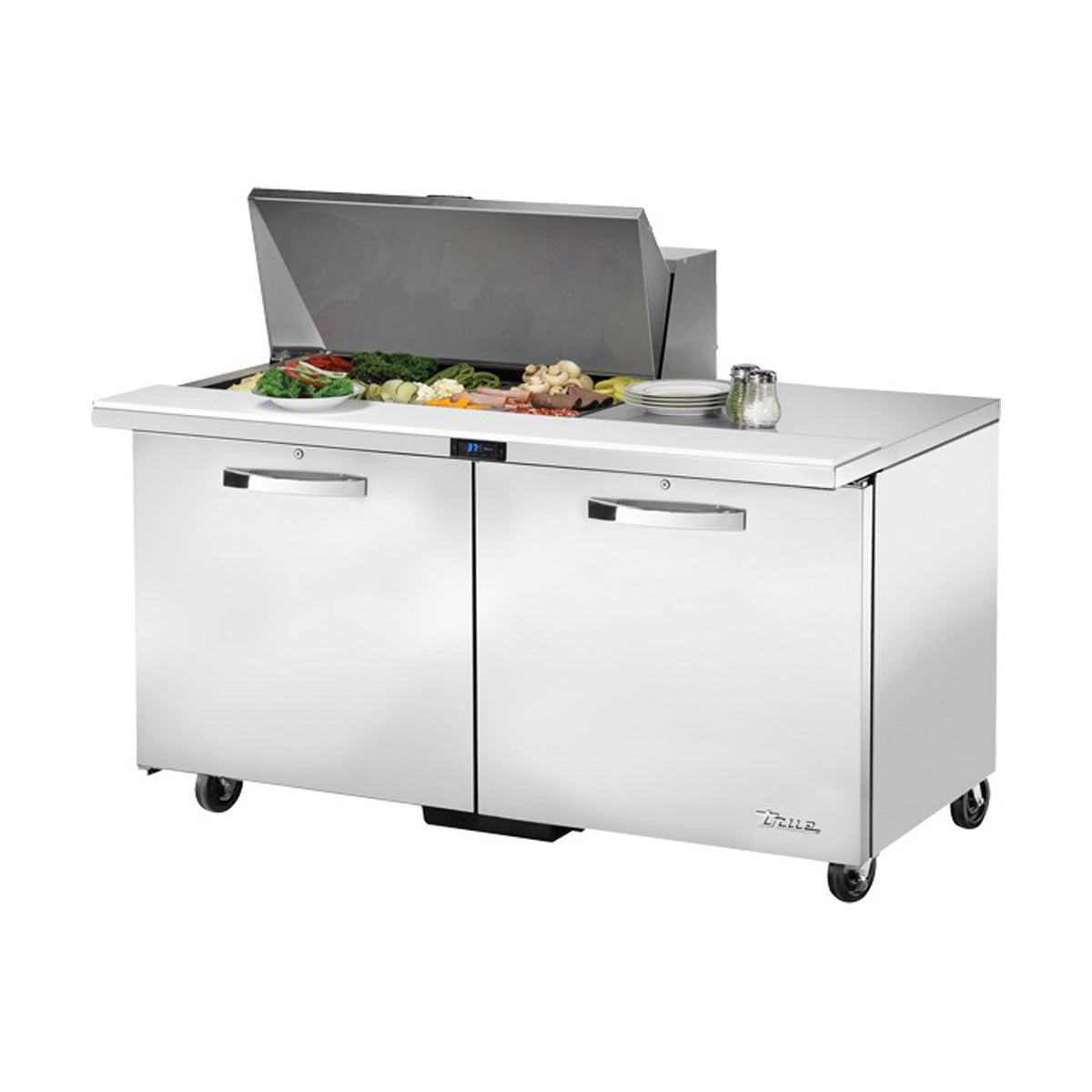True TSSU-60-15M-B-HC~SPEC3 sandwich/salad prep table, front angle view, lid open with ingredients in the pans