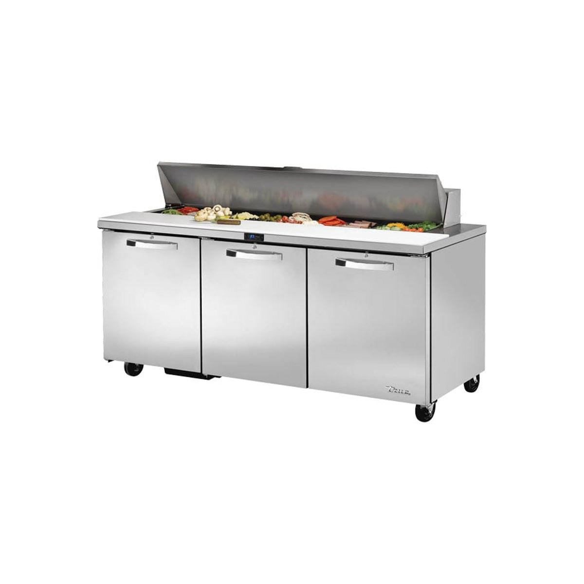 True TSSU-72-18-HC~SPEC3 sandwich/salad prep table, front angle view, lid open with ingredients in the pans