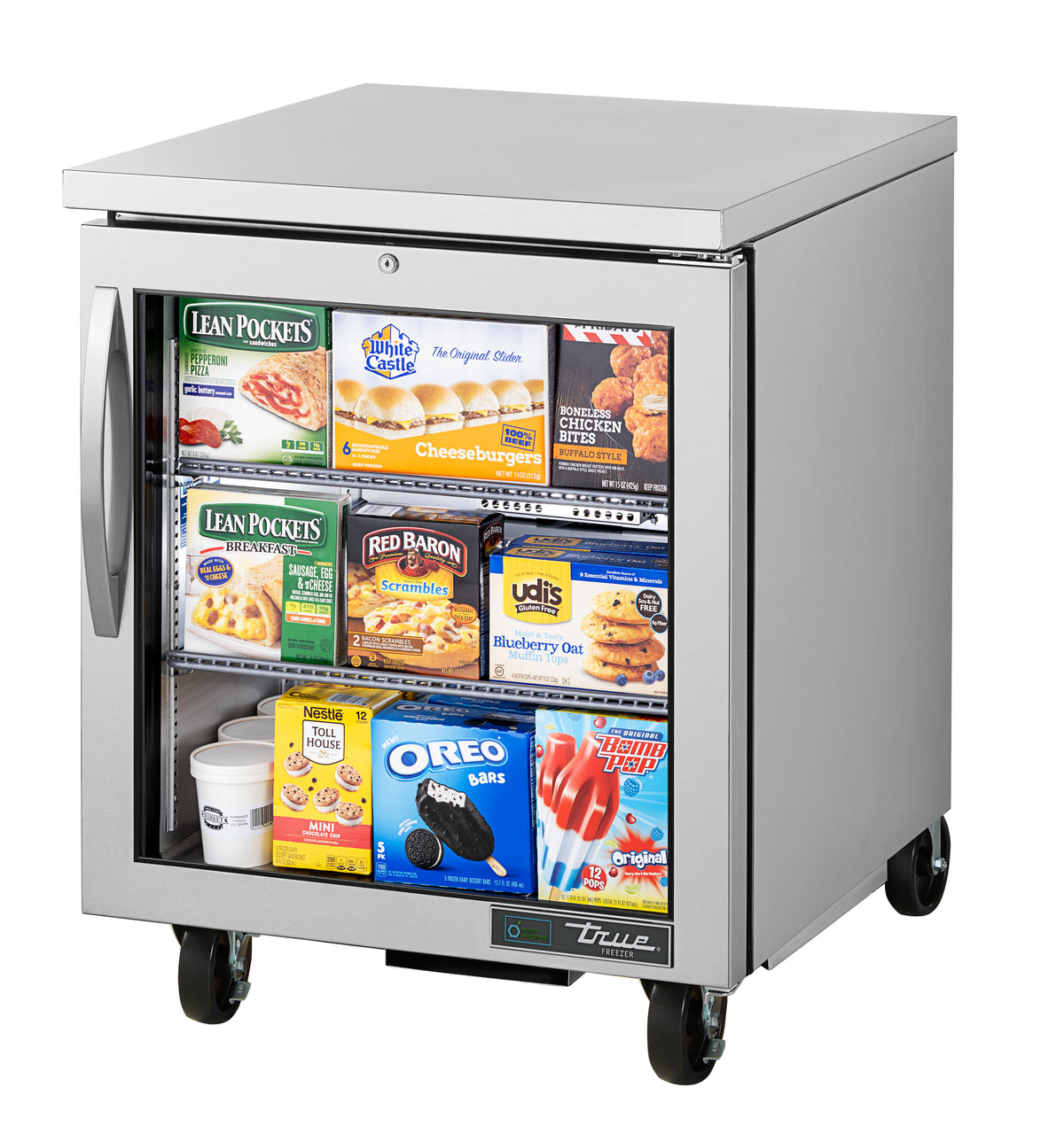 True TUC-27FG-HC~FGD01 1-door glass undercounter freezer, front angle view, product on the shelves