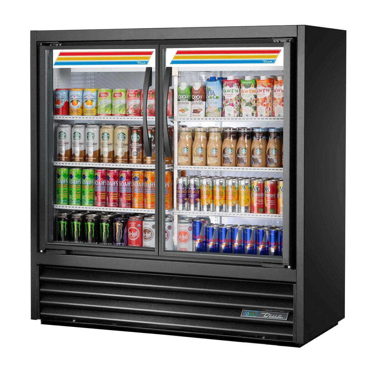 True TVM-48SL-48-HC~VM01 2-door visual merchandiser, front angle view, stocked with drinks