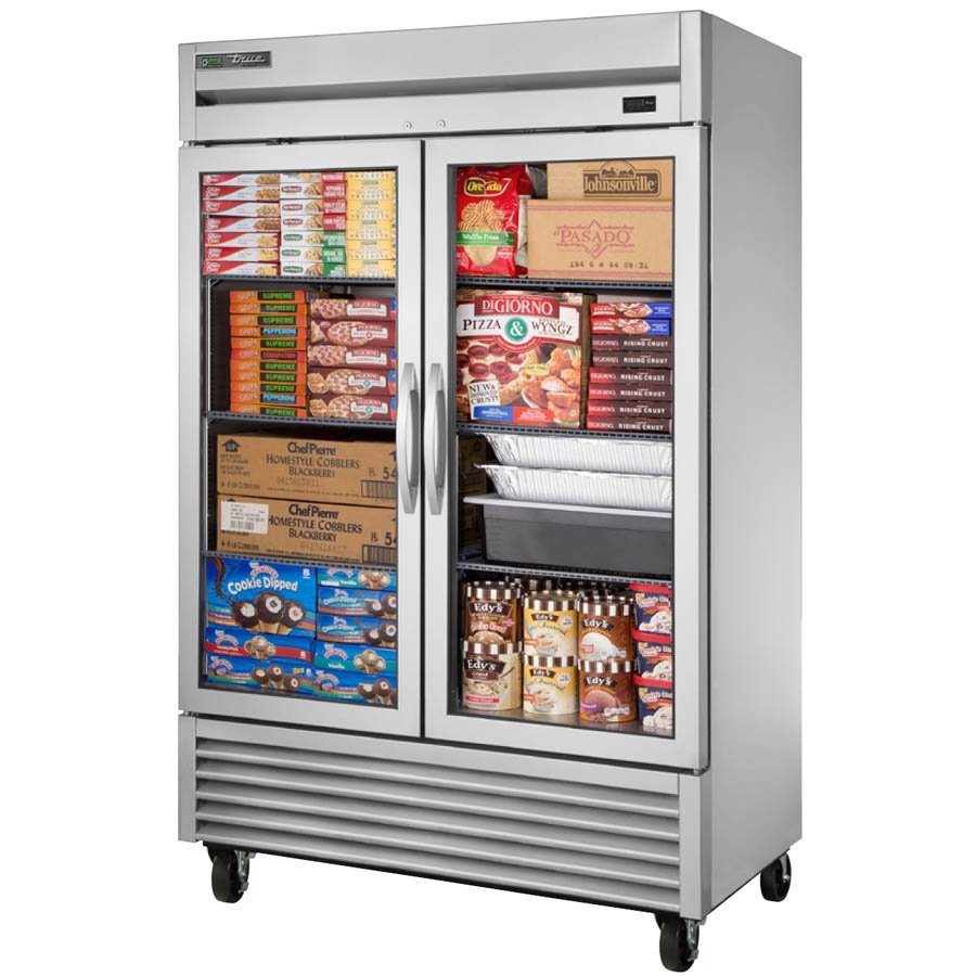 True TS-49FG-HC~FGD01 2-door glass reach-in freezer, front angle view, stocked behind the glass doors