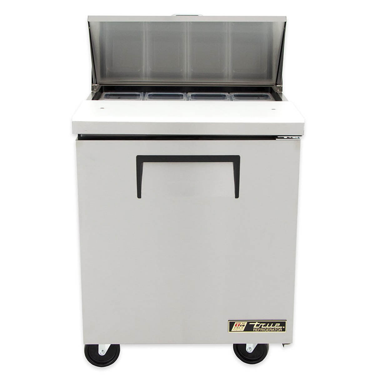 True TSSU-27-08-HC sandwich/salad prep table, front view with lid open, empty pans