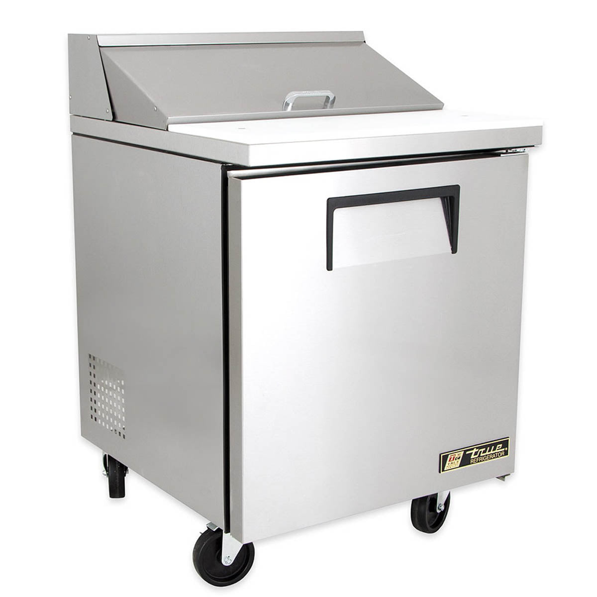 True TSSU-27-08-HC sandwich/salad prep table, front angle view, lid closed