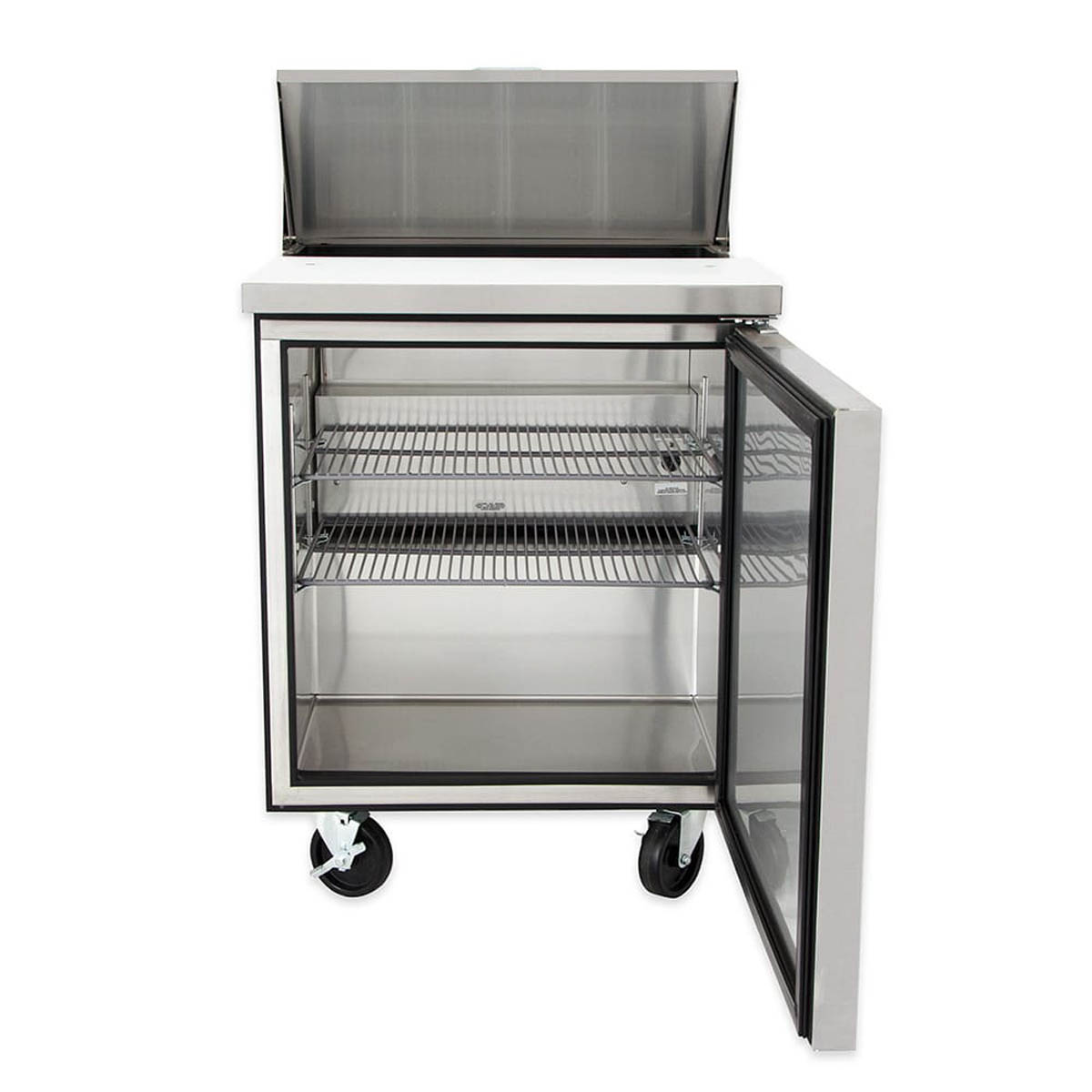 True TSSU-27-08-HC sandwich/salad prep table, front view with the door open, shelves inside