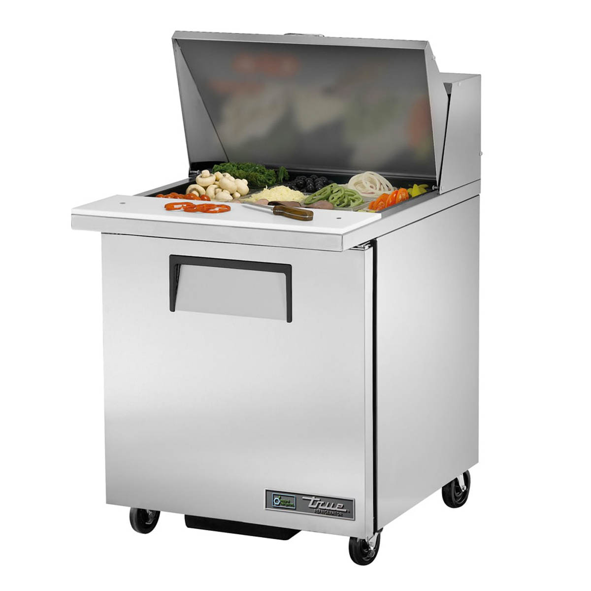 True TSSU-27-12M-B-HC sandwich/salad prep table, front angle view, lid open with ingredients in the pans