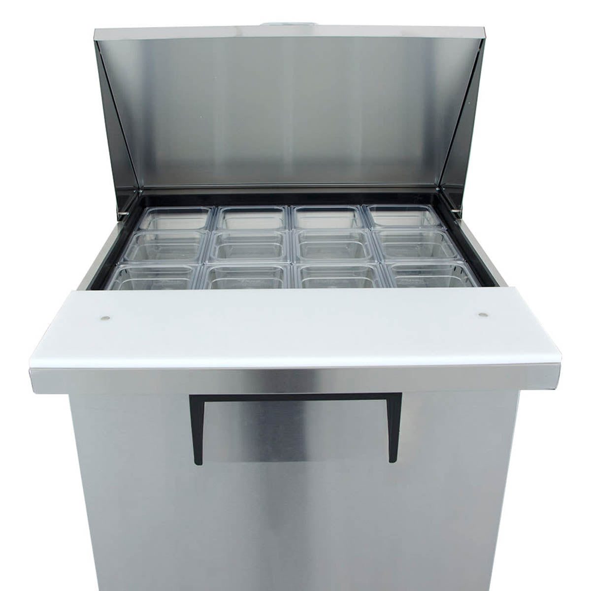 True TSSU-27-12M-C-HC sandwich/salad prep table, close-up of the pans and cutting board