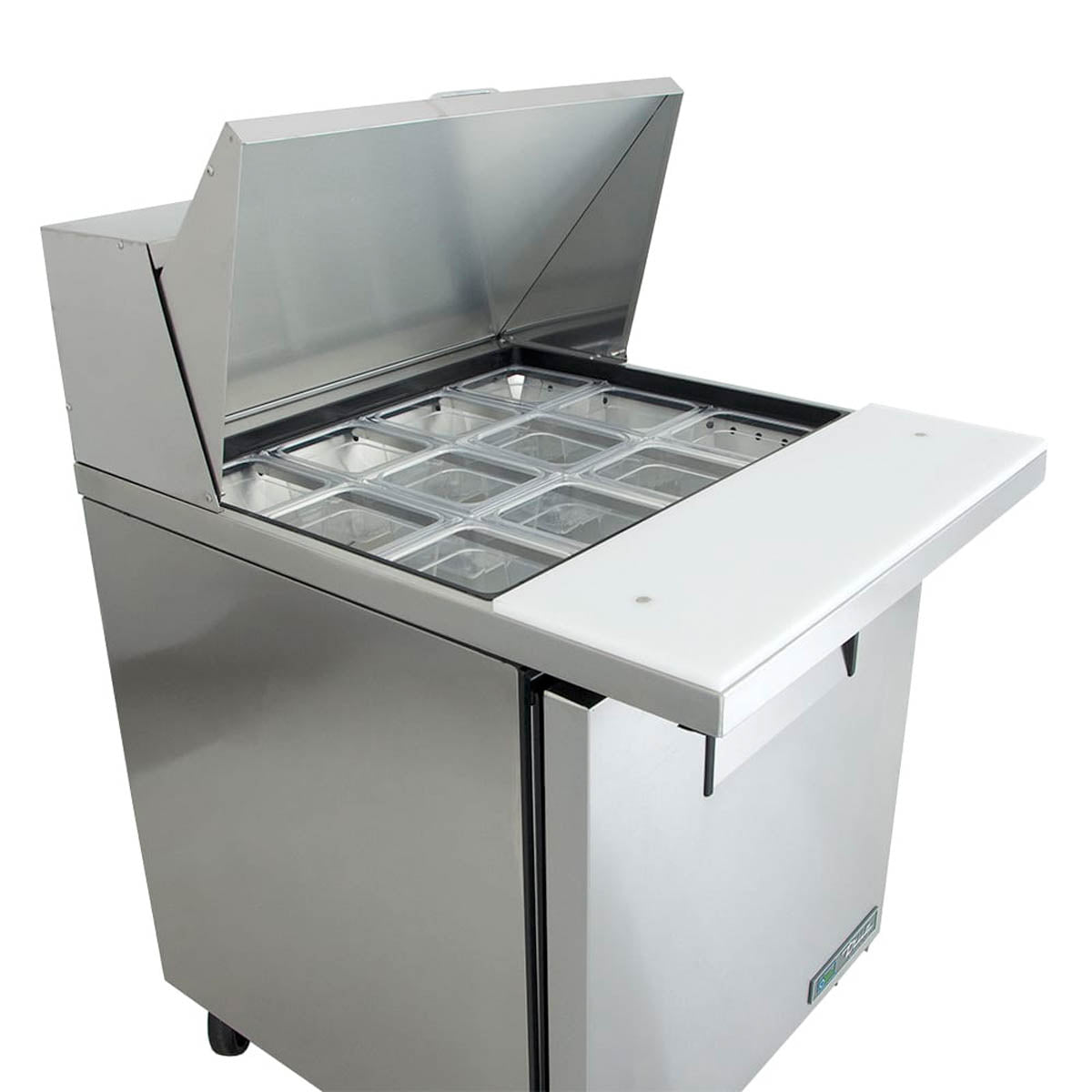 True TSSU-27-12M-C-HC sandwich/salad prep table, angle view of the pans and cutting board
