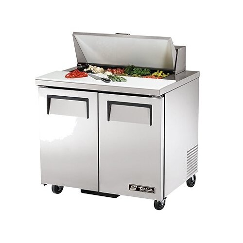 True TSSU-36-08-HC sandwich/salad prep table, front angle view, lid open with ingredients in the pans