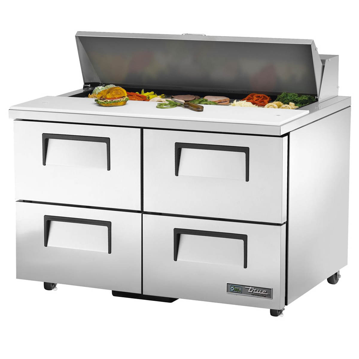 True TSSU-48-12D-4-HC 48" Two Section Sandwich / Salad Prep Table w/ 4 Drawers, 12 Pans