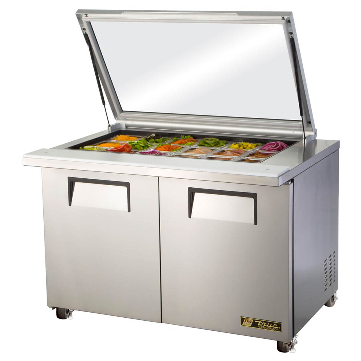 True TSSU-48-18M-B-FGLID-HC sandwich/salad prep table, front angle view, flat glass lid open with ingredients in the pans