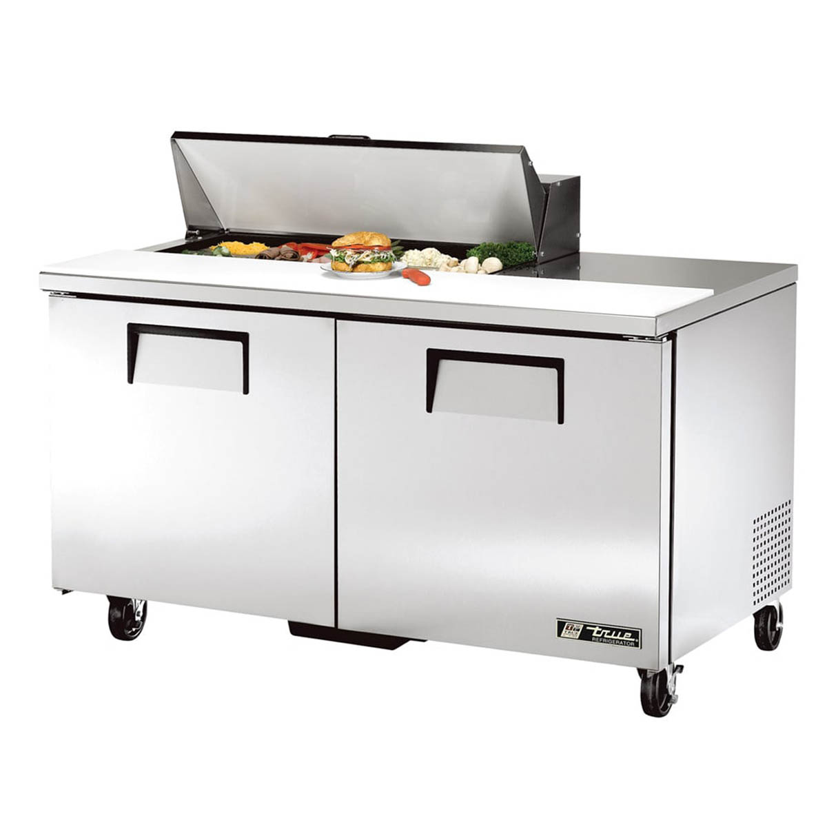 True TSSU-60-10-HC sandwich/salad prep table, front angle view, lid open with ingredients in the pans