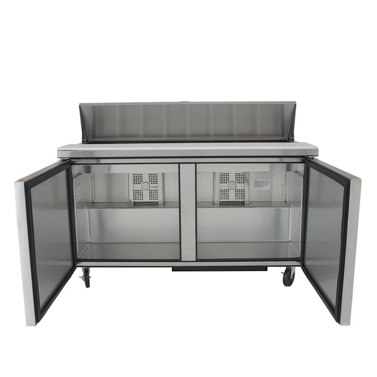 True TSSU-60-16-HC sandwich/salad prep table, front view with both doors open, shelves inside