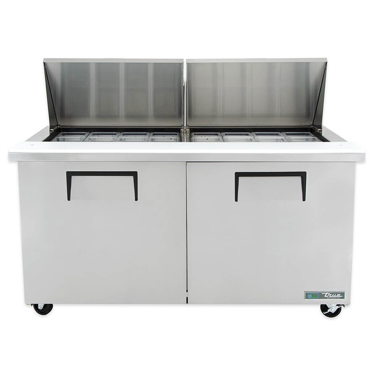 True TSSU-60-24M-B-ST-HC sandwich/salad prep table, front view, lids open, empty pans